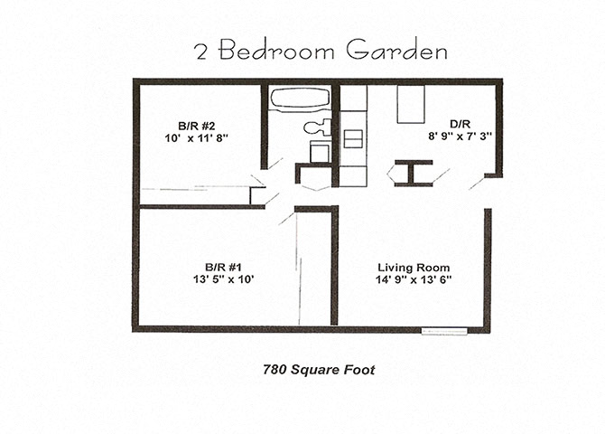 Floor plan for 2 beds, 1 bath, 780 sqft
